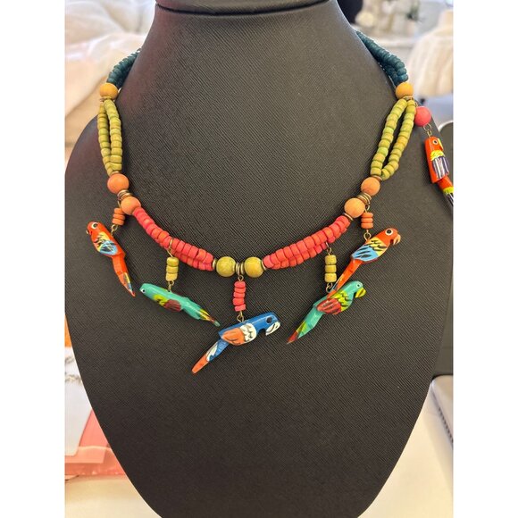 Colorful Beaded Parrot Necklace With Wood Accents & Quirky Design Tropical Flair - Picture 1 of 16